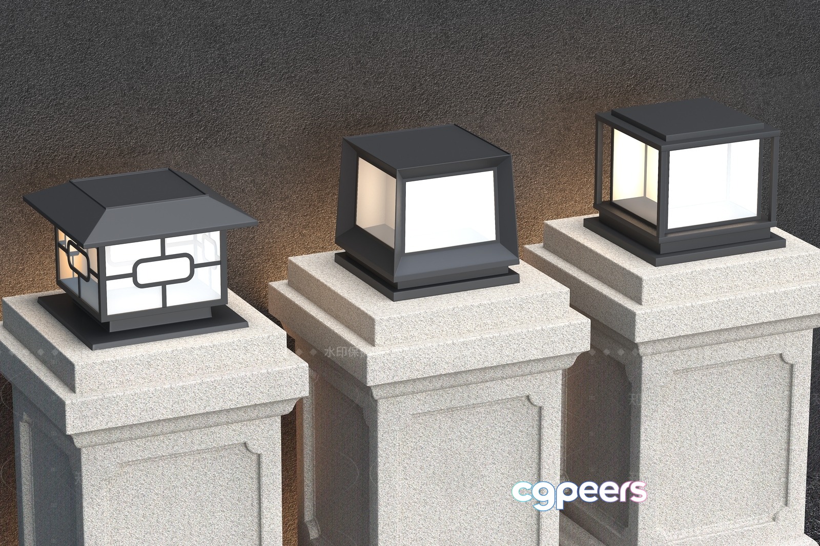 Three Stone Pedestals With Black And White Lanterns 3D Model - 5611 - VRAY Render Three Stone Pedestals With Black And White Lanterns 3D Model - 5611 - VRAY Render