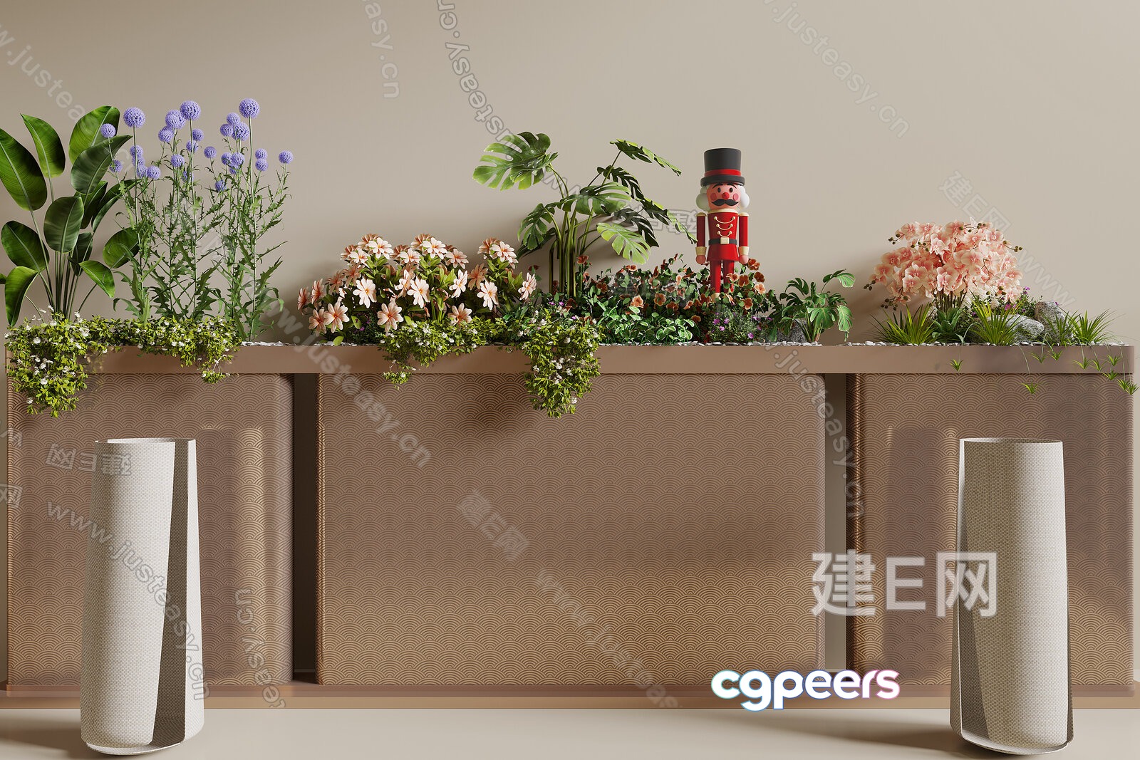 A Beige Wall With A Wooden Shelf And White Vases 3D Model - 1590 - VRAY Render A Beige Wall With A Wooden Shelf And White Vases 3D Model - 1590 - VRAY Render