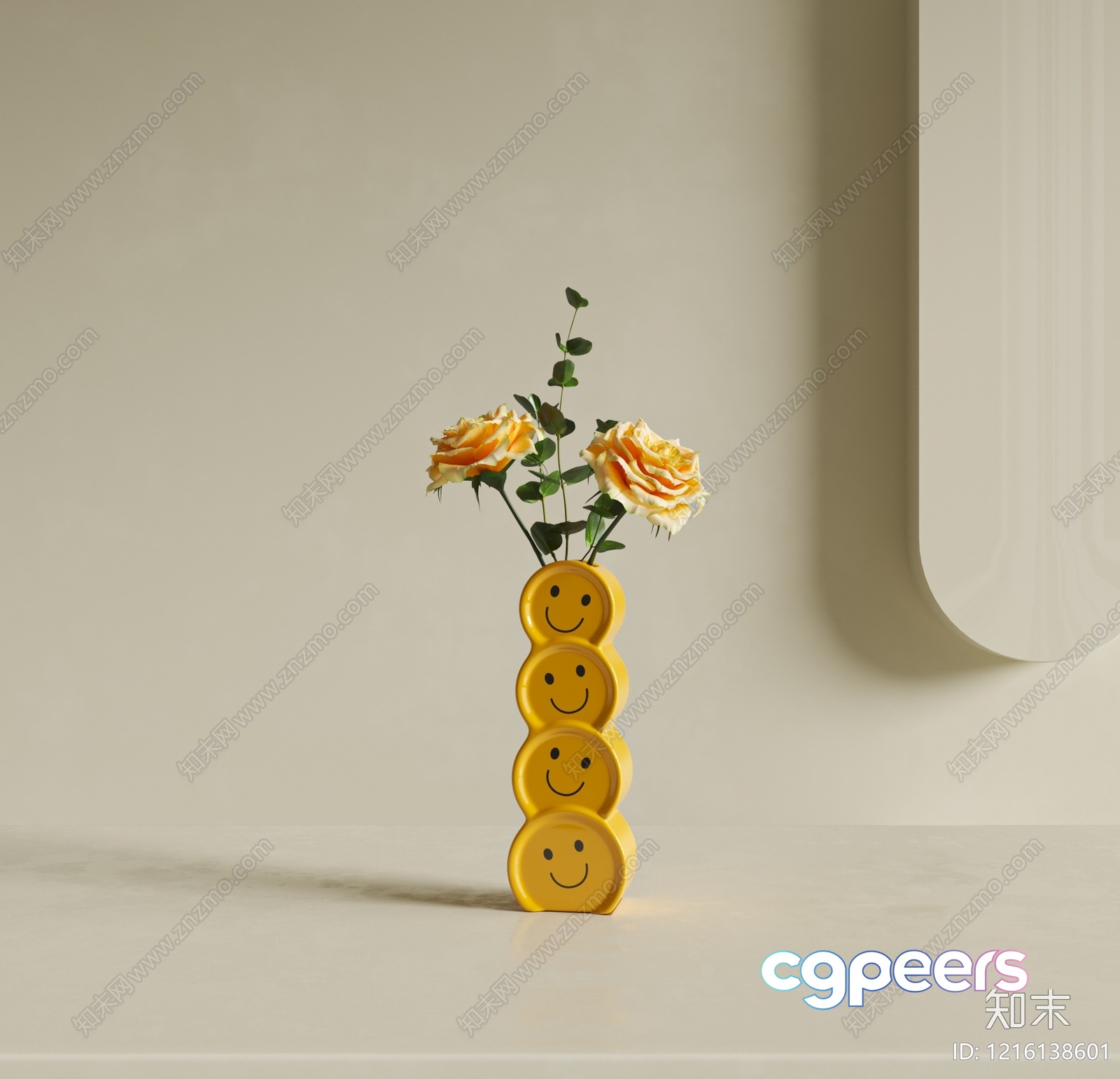 A Yellow Vase With A Smiley Face Design 3D Model - 15022 - VRAY Render A Yellow Vase With A Smiley Face Design 3D Model - 15022 - VRAY Render