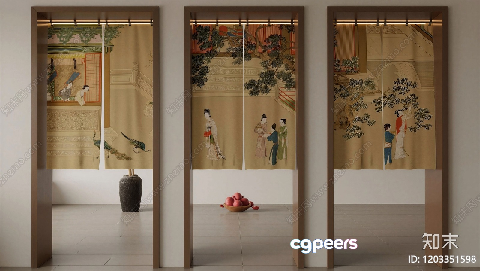 The Main Subject Is A Curtain With Asian-Style Artwork And One Key Characteristic 3D Model - 12520 - VRAY Render The Main Subject Is A Curtain With Asian-Style Artwork And One Key Characteristic 3D Model - 12520 - VRAY Render
