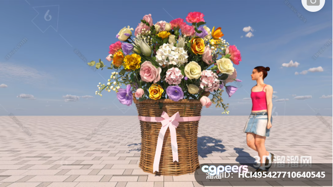 A Woman In A Pink Top And Denim Skirt Standing Next To A Large Bouquet 3D Model - 16174 - VRAY Render