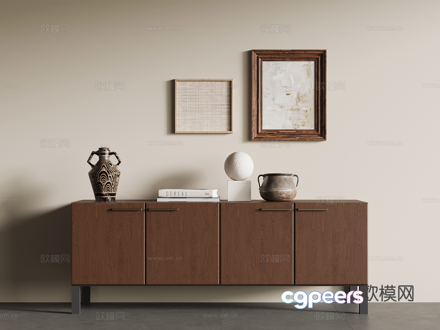 A Brown Cabinet With Various Decorative Items On Top 3D Model - 12208 - VRAY Render