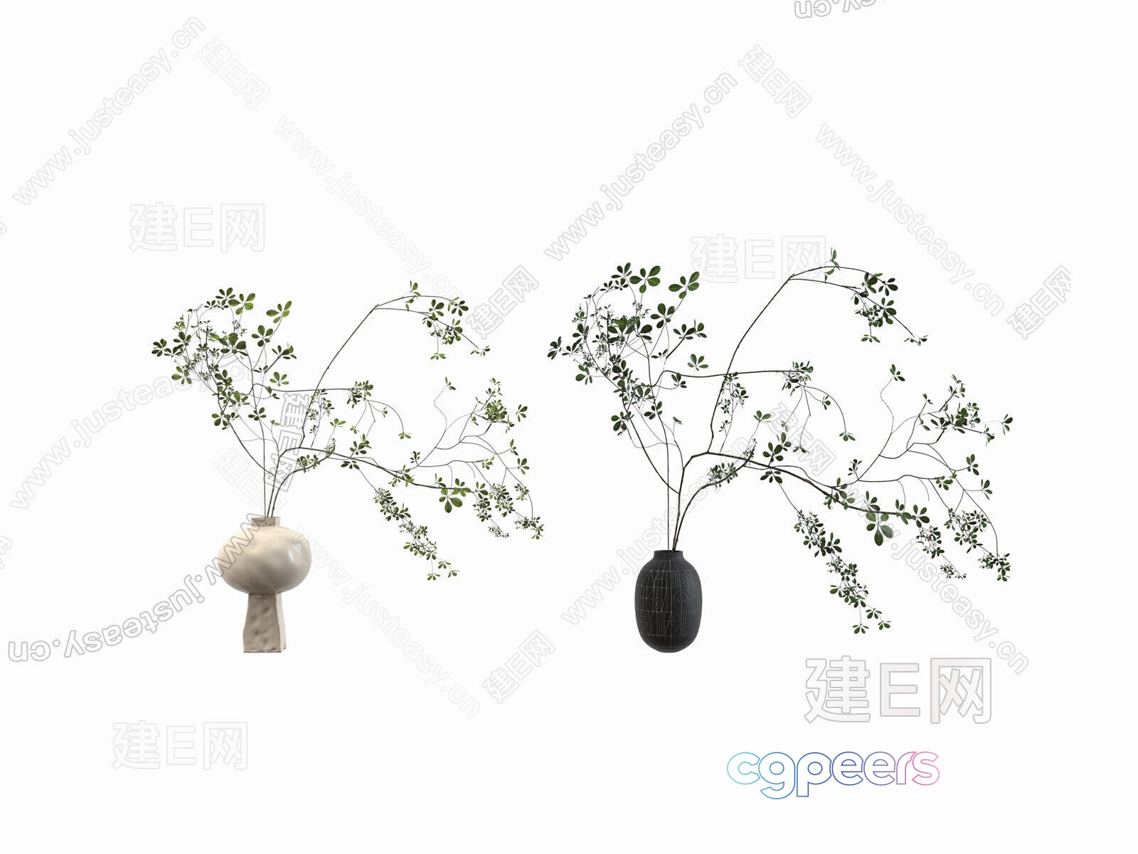 Two Vases With Branches And Leaves 3D Model - 2132 - VRAY Render