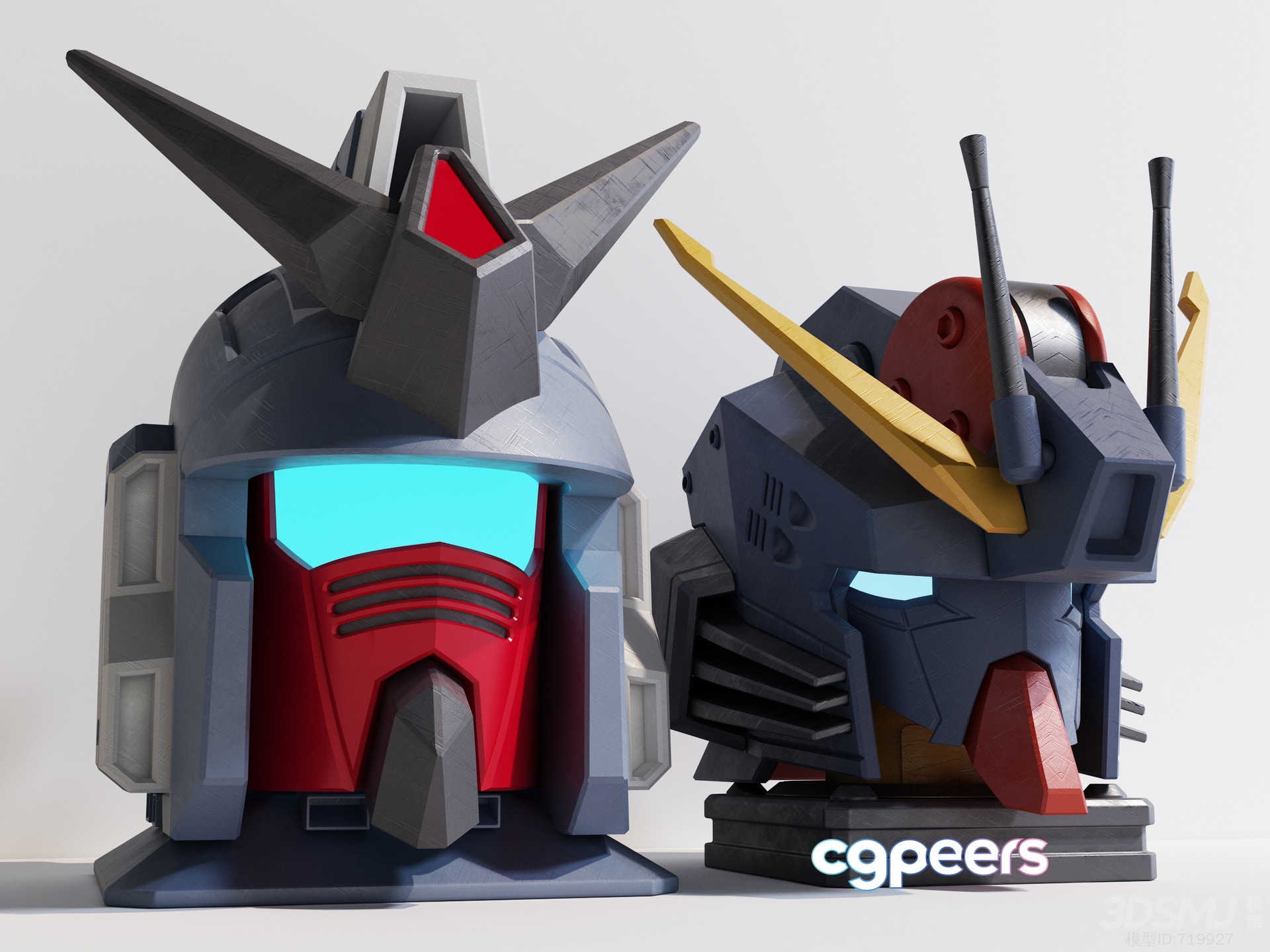 Two 3D Printed Gundam Heads 3D Model - 23270 - VRAY Render