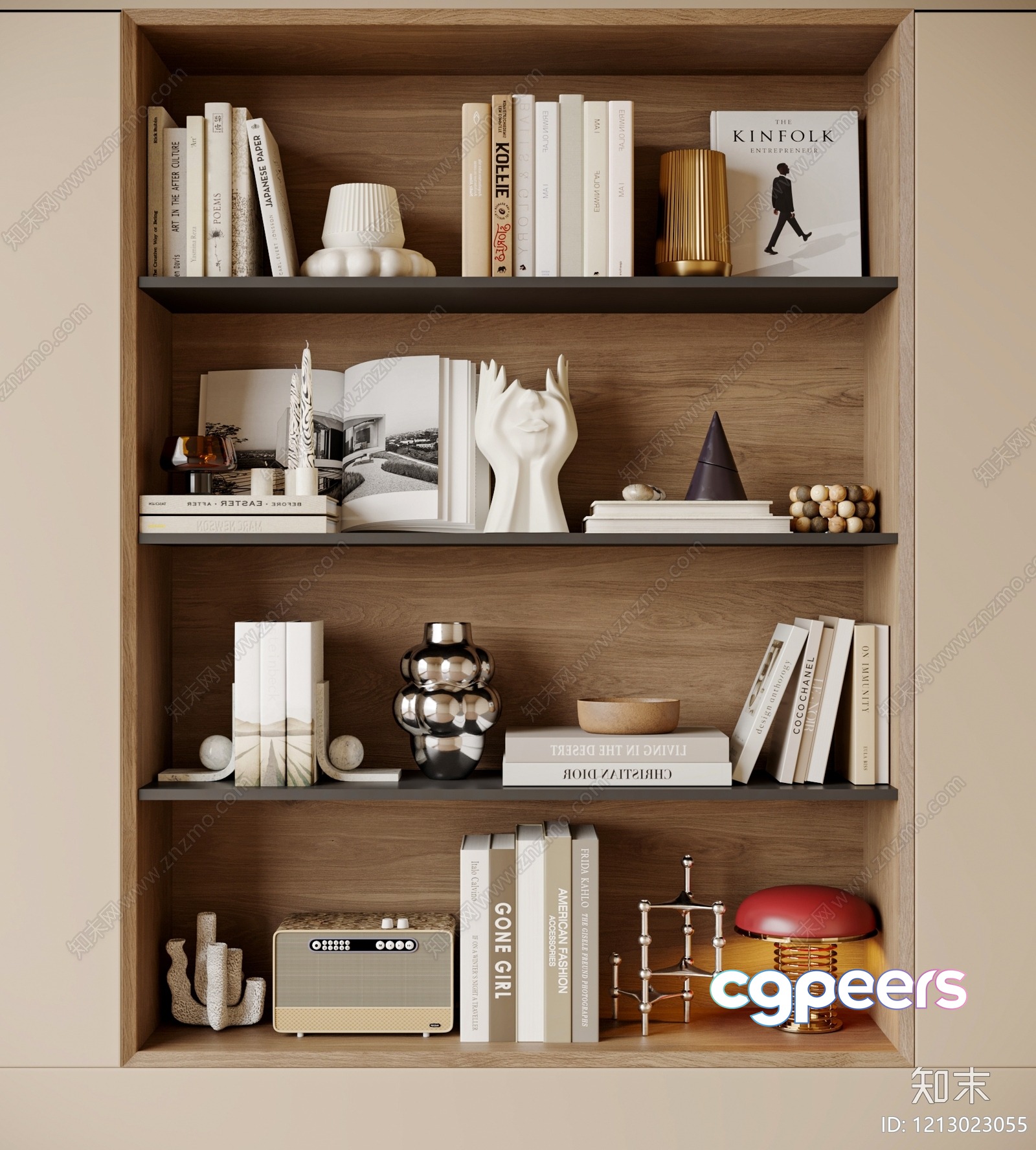 A Bookshelf With Books And Decorative Items 3D Model - 3293 - VRAY Render