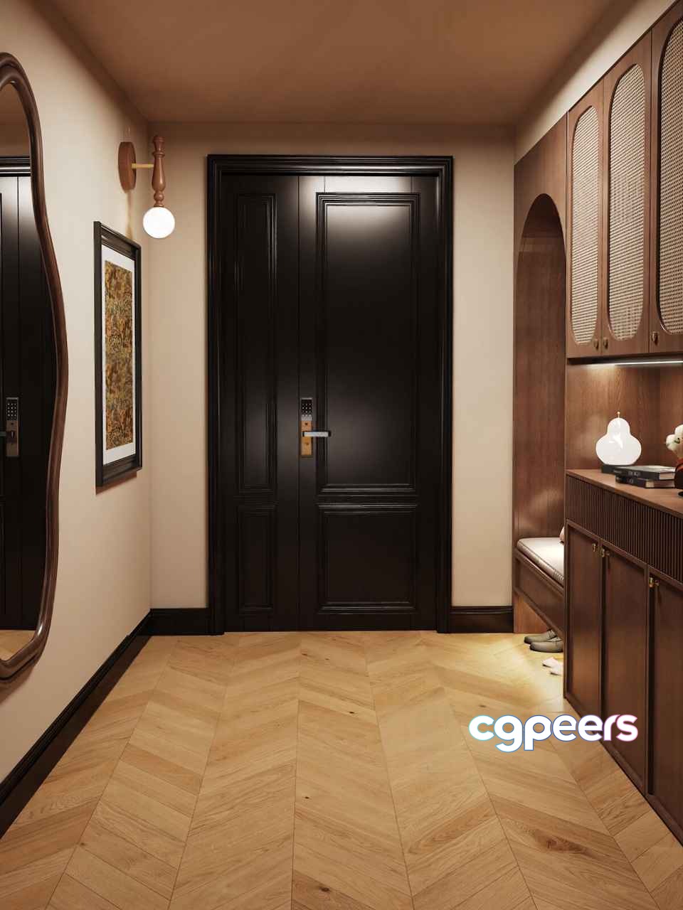 A Hallway With A Black Door 3D Model - 6418 - VRAY Render A Hallway With A Black Door 3D Model - 6418 - VRAY Render