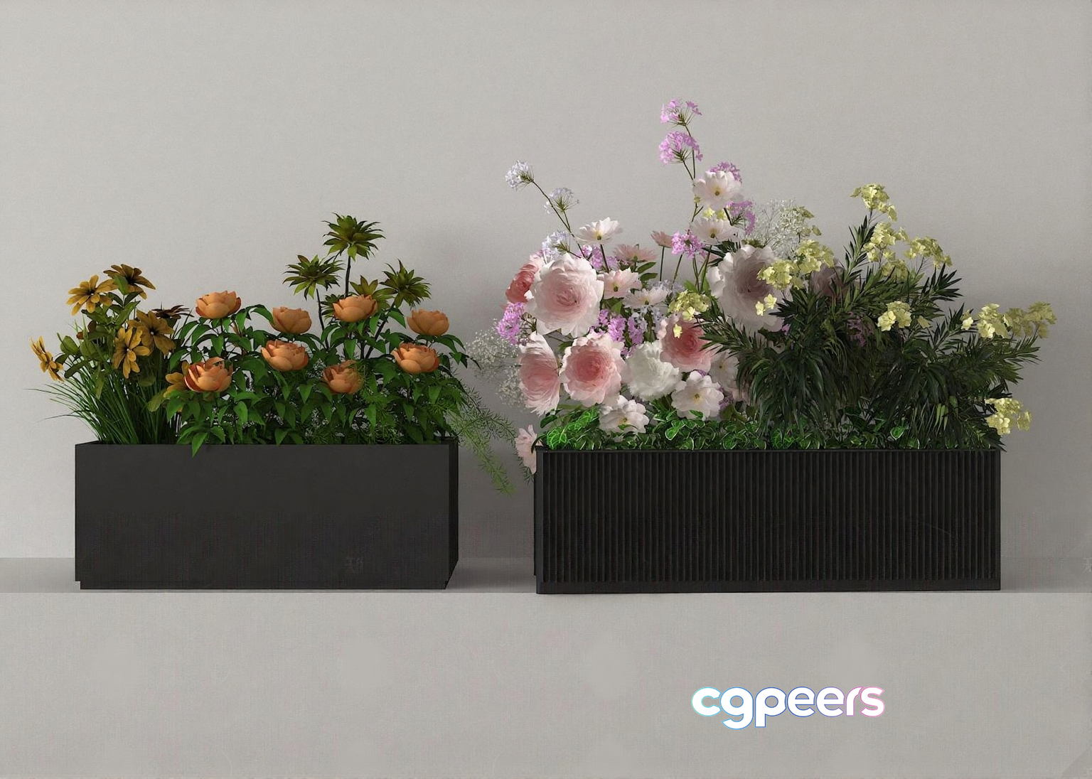Two Rectangular Planters With Flowers 3D Model - 10592 - VRAY Render Two Rectangular Planters With Flowers 3D Model - 10592 - VRAY Render