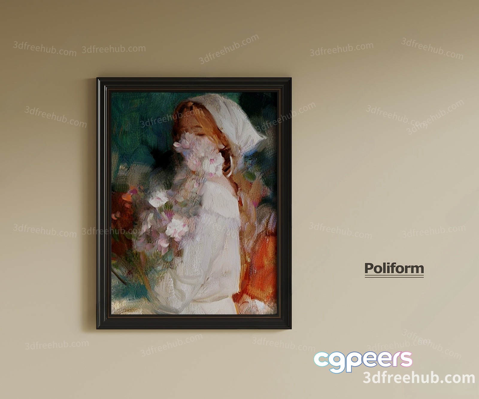 A Framed Painting Of A Woman Holding Flowers 3D Model - 22583 - VRAY Render