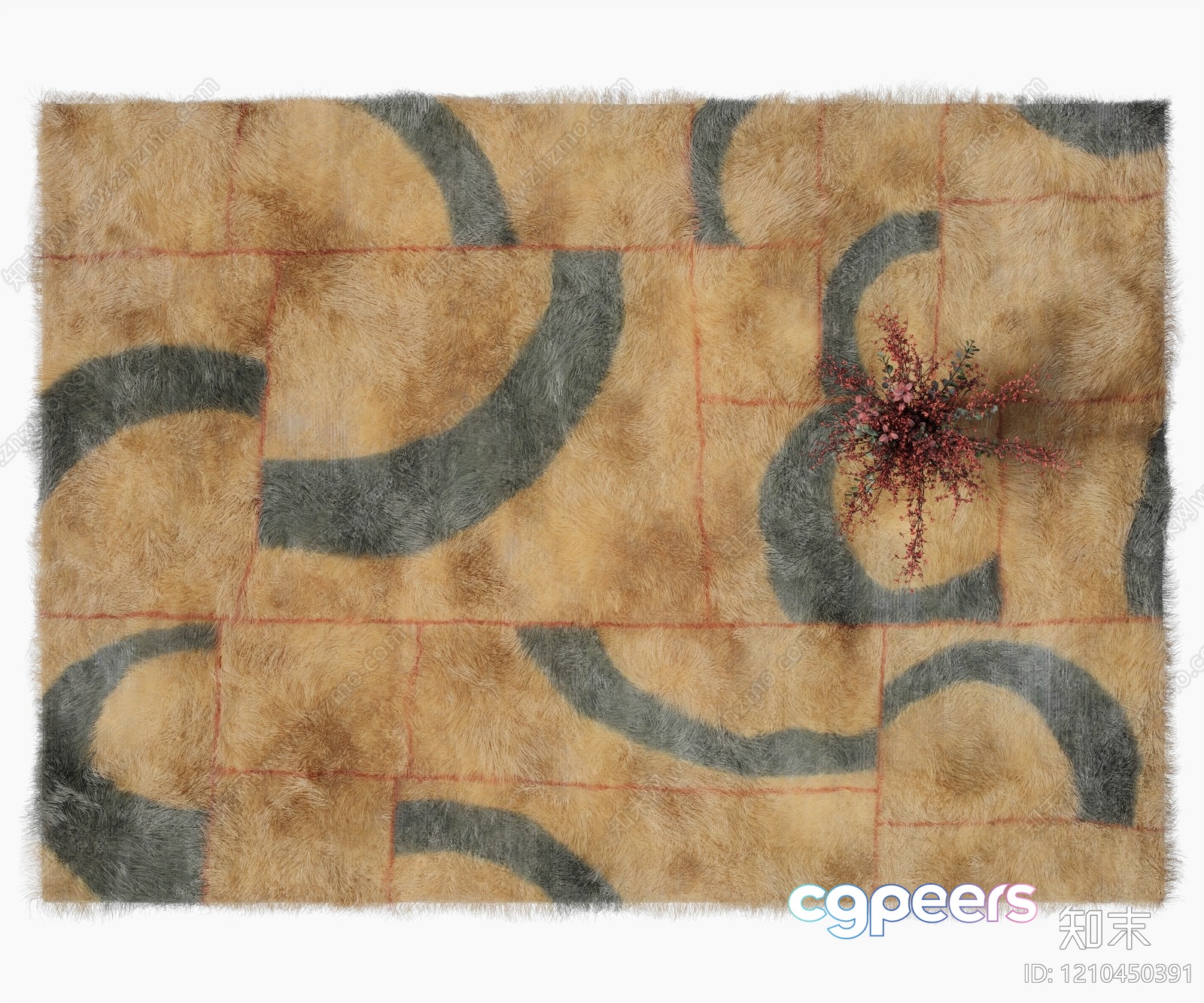 Fuzzy Beige Rug With Gray Swirls And A Red Flower In The Corner 3D Model - 226 - VRAY Render