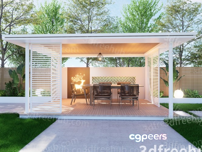 A White Pergola With A Dining Table 3D Model - 18954 - VRAY Render A White Pergola With A Dining Table 3D Model - 18954 - VRAY Render
