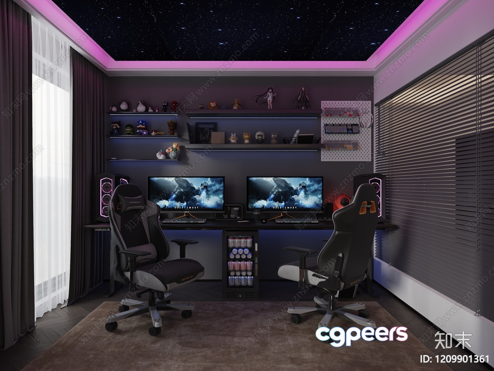 A Gaming Room With A Desk And Two Chairs 3D Model - 22821 - VRAY Render