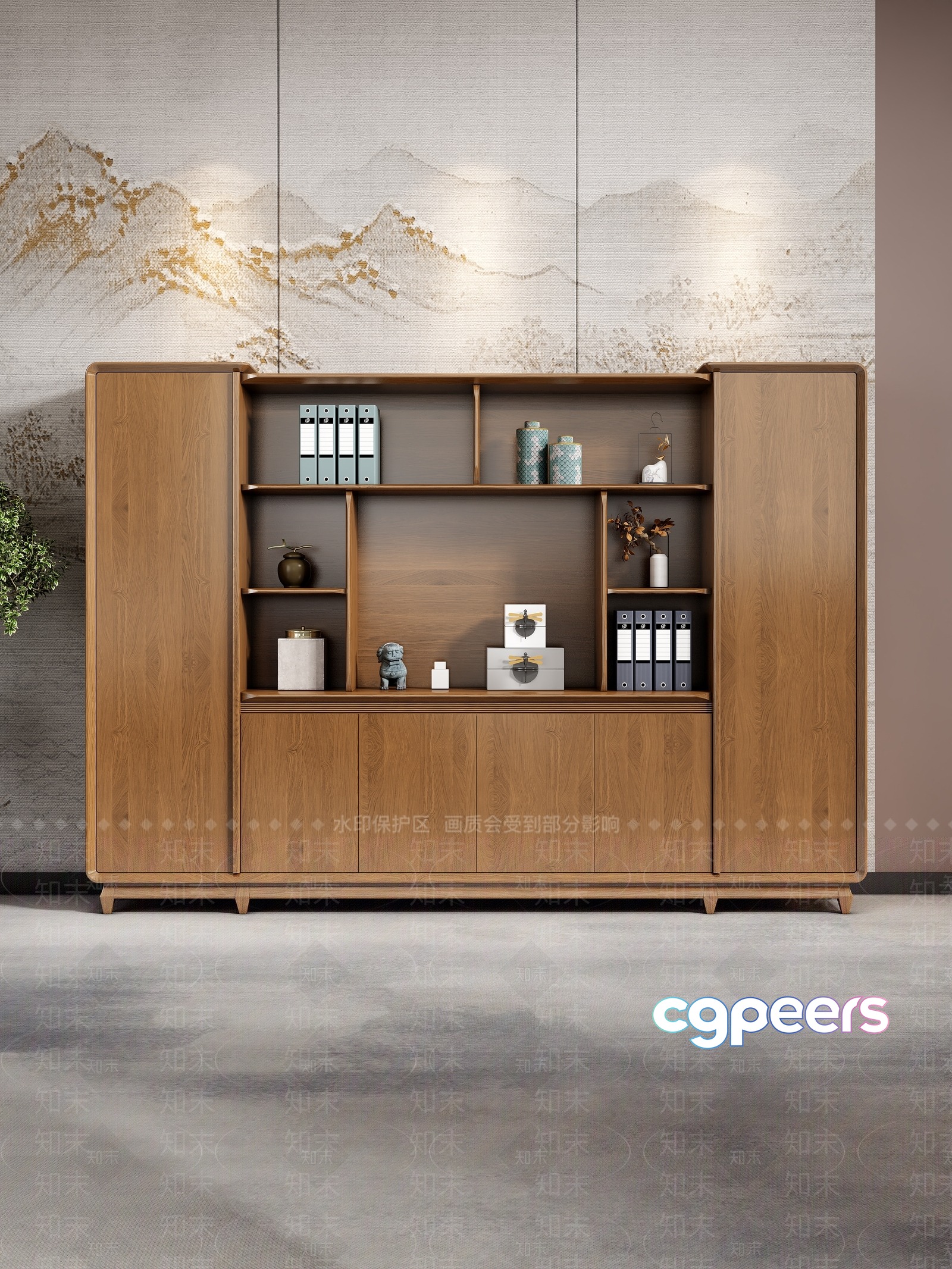 A Wooden Bookcase With Shelves And Cabinets 3D Model - 1294 - VRAY Render A Wooden Bookcase With Shelves And Cabinets 3D Model - 1294 - VRAY Render
