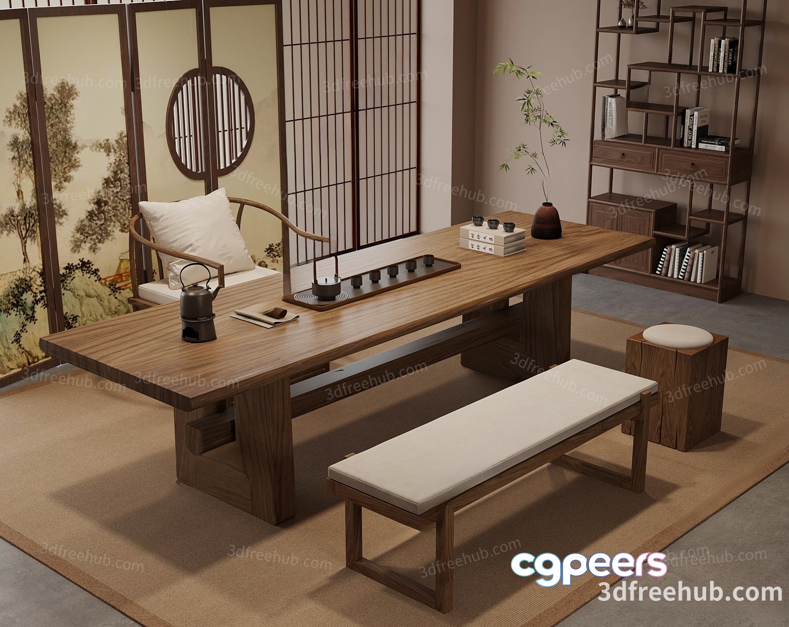 A Japanese-Style Room With A Wooden Table And Bench 3D Model - 21483 - VRAY Render