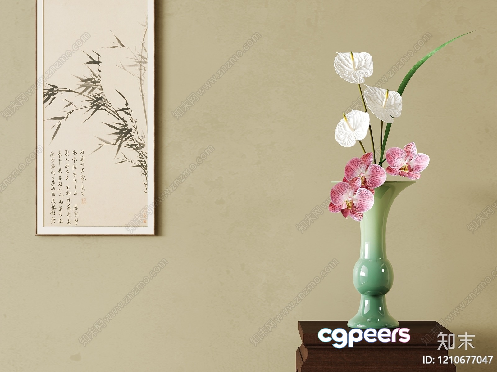 A Green Vase With Pink And White Flowers 3D Model - 4818 - VRAY Render A Green Vase With Pink And White Flowers 3D Model - 4818 - VRAY Render