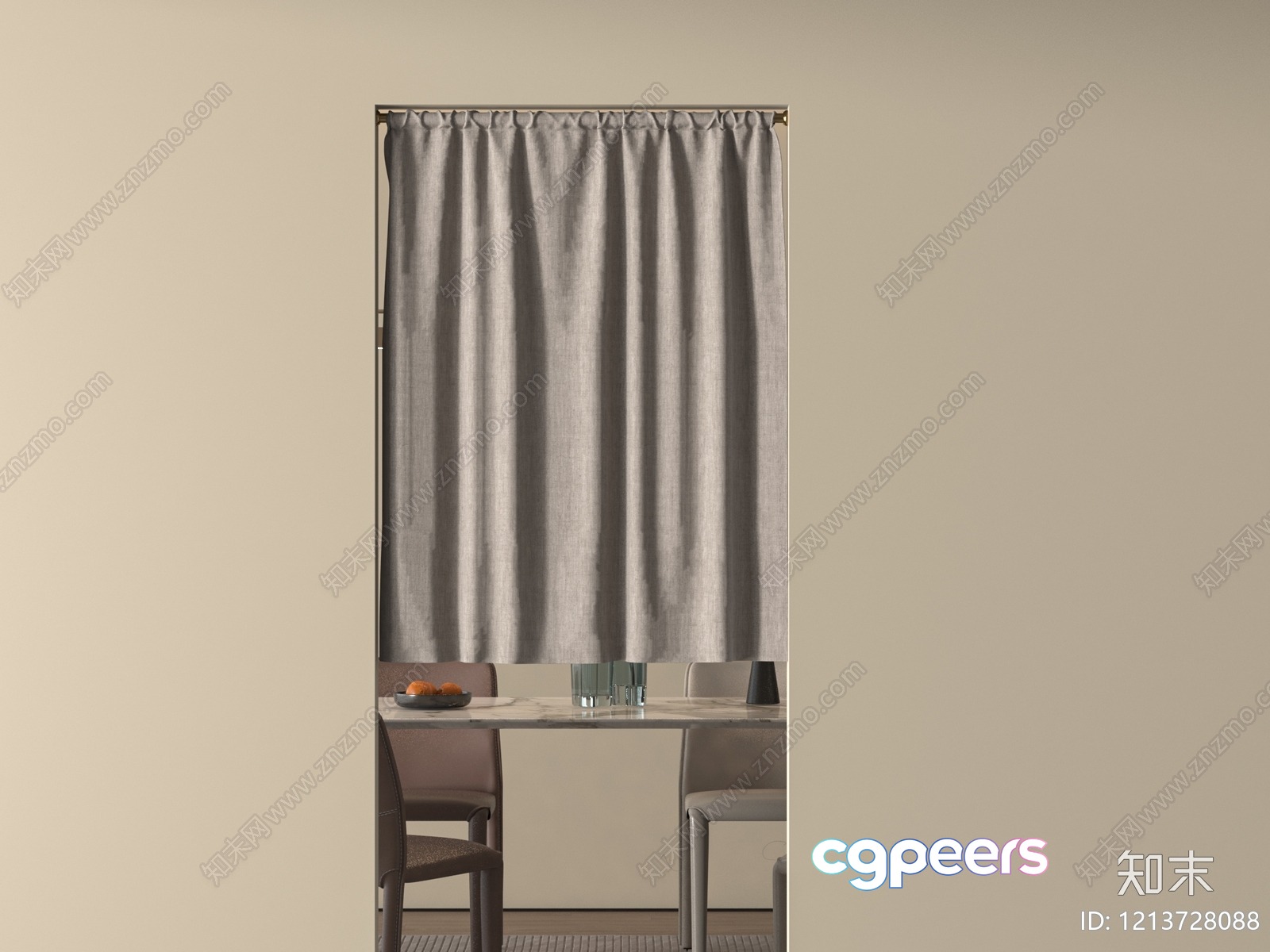 A Dining Table With Chairs And A Curtain 3D Model - 16080 - VRAY Render