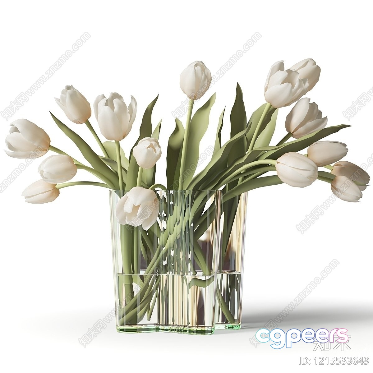 A Glass Vase With White Tulips 3D Model - 11356 - VRAY Render