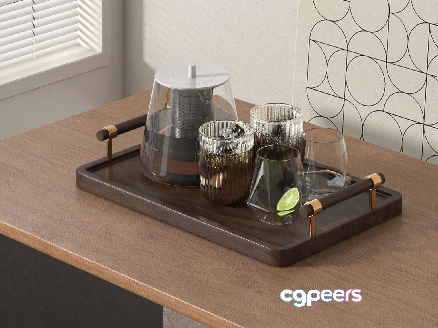 A Tray With Glasses And A Kettle 3D Model - 22081 - VRAY Render