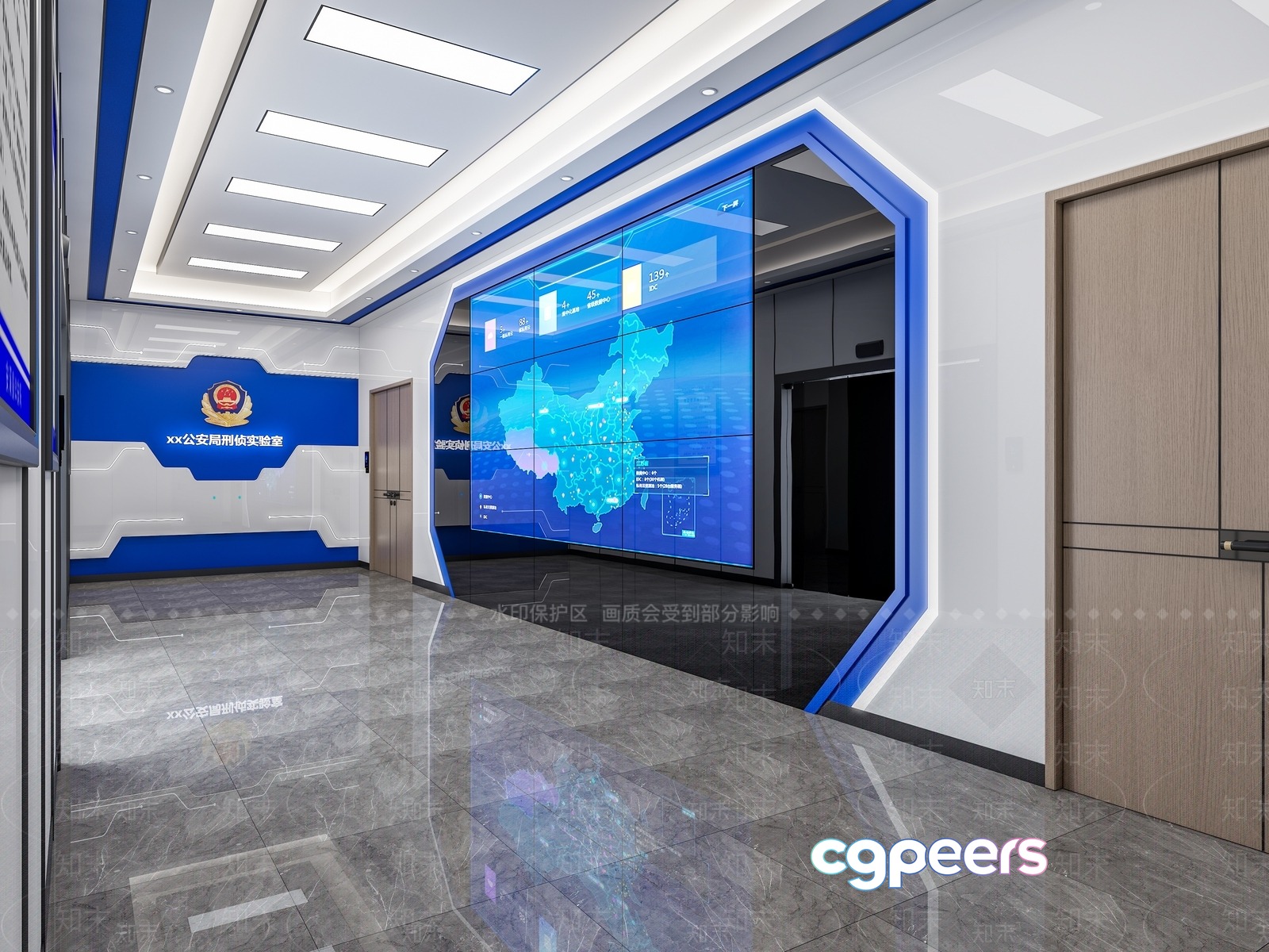 A Large Blue Screen With A Map 3D Model - 4970 - VRAY Render A Large Blue Screen With A Map 3D Model - 4970 - VRAY Render