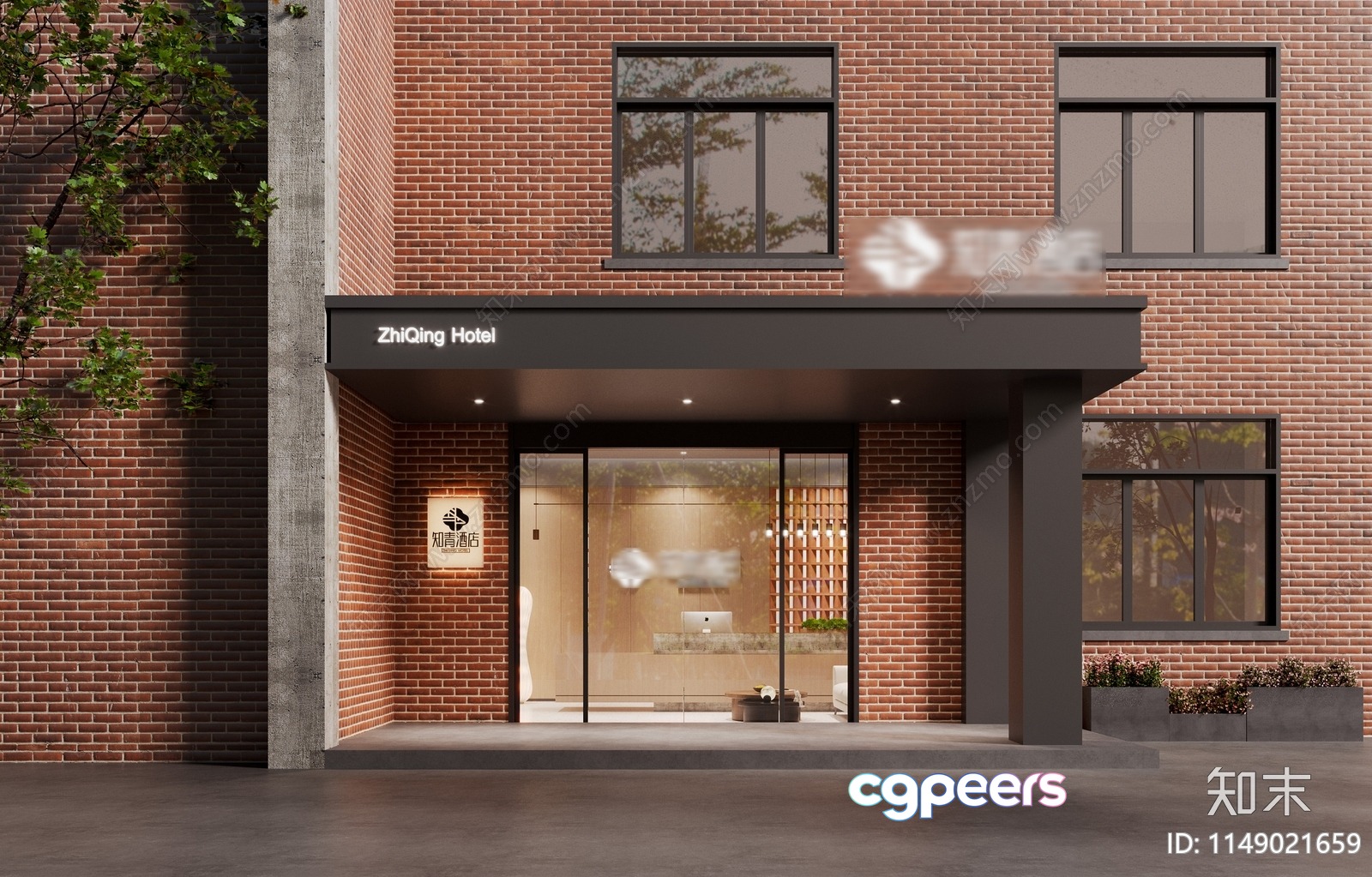 A Brick Building With A Modern Hotel Entrance 3D Model - 4943 - VRAY Render