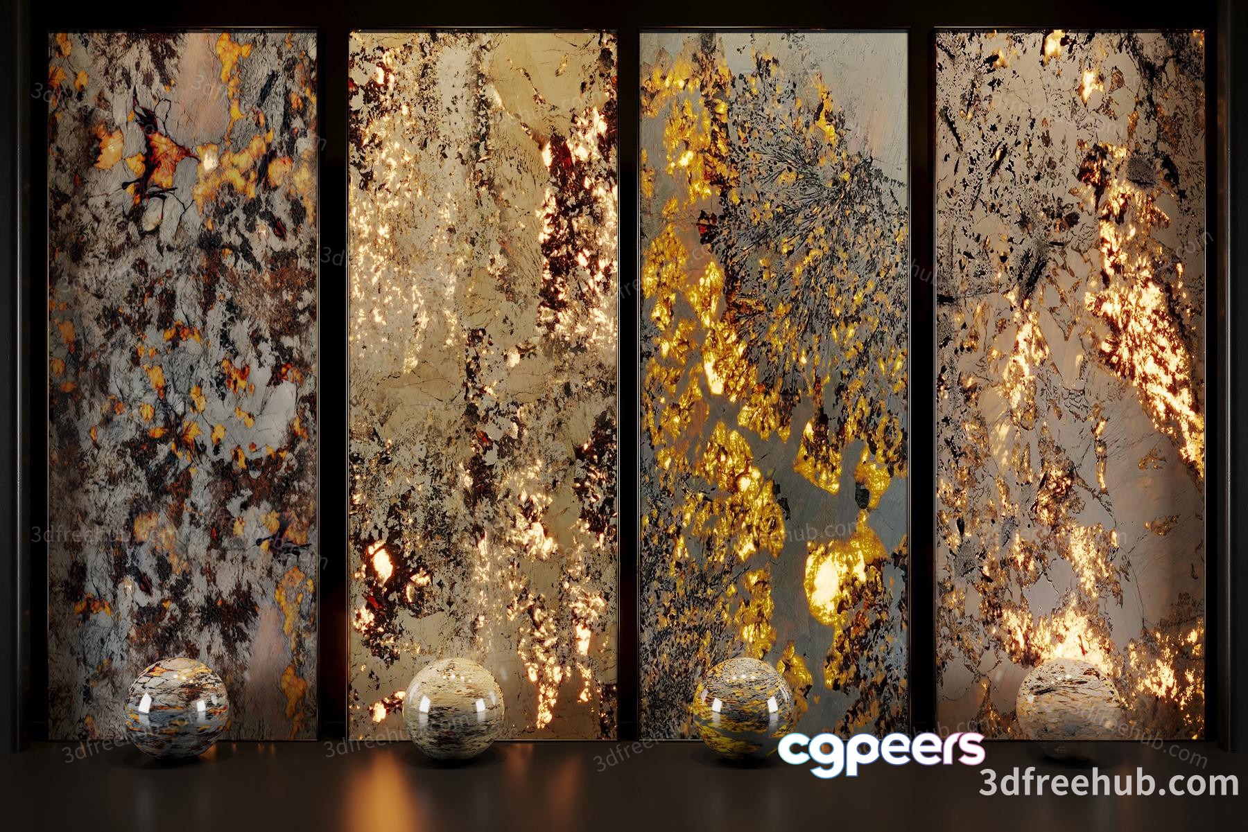 A Wall With Four Panels Of Marble-Like Artwork And Glass Orbs 3D Model - 21320 - VRAY Render A Wall With Four Panels Of Marble-Like Artwork And Glass Orbs 3D Model - 21320 - VRAY Render