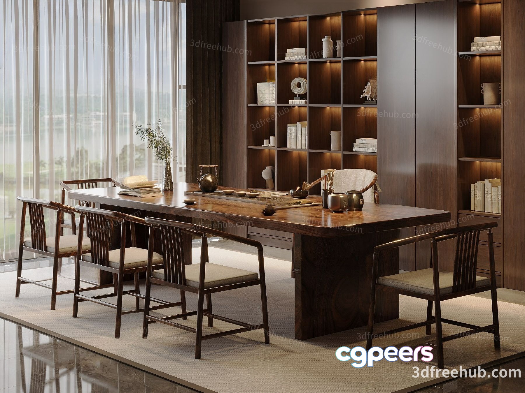 A Large Wooden Table With Chairs 3D Model - 21208 - VRAY Render A Large Wooden Table With Chairs 3D Model - 21208 - VRAY Render