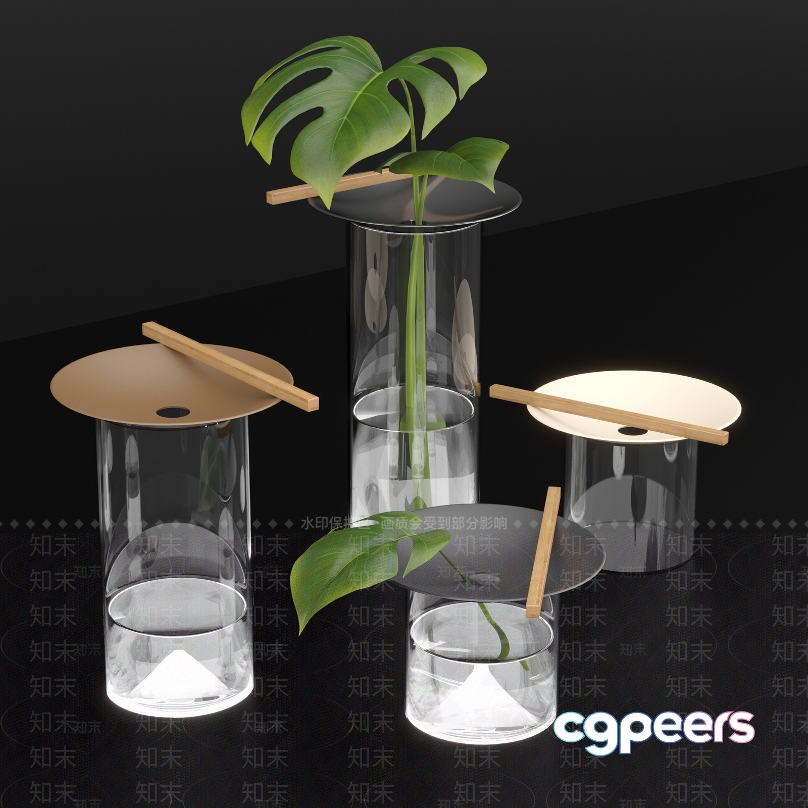 Modern Glass Vases With Wooden Accents 3D Model - 14442 - VRAY Render Modern Glass Vases With Wooden Accents 3D Model - 14442 - VRAY Render