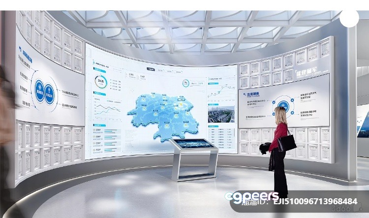 A Woman Standing In A Room With A Large Wall Of Screens 3D Model - 278 - VRAY Render