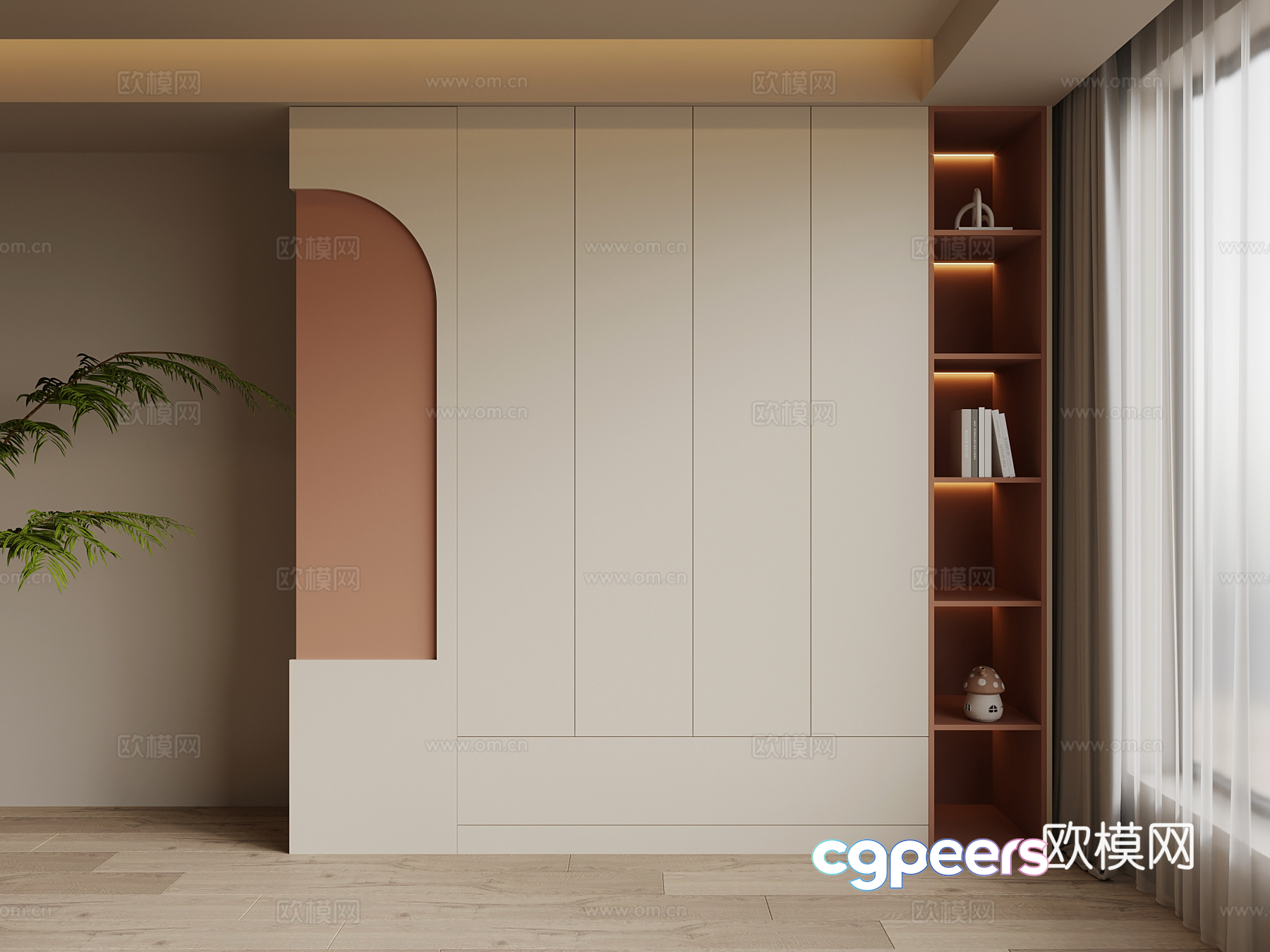 A White Wall With Shelves And A Plant 3D Model - 17665 - VRAY Render