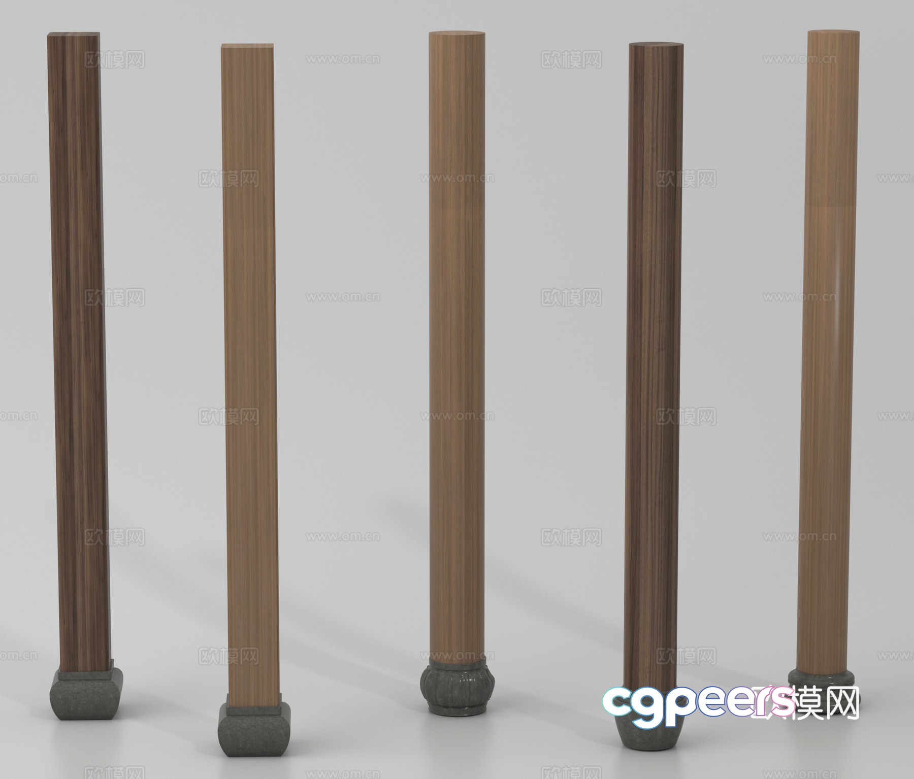 Five Wooden Poles With Gray Bases 3D Model - 23421 - VRAY Render