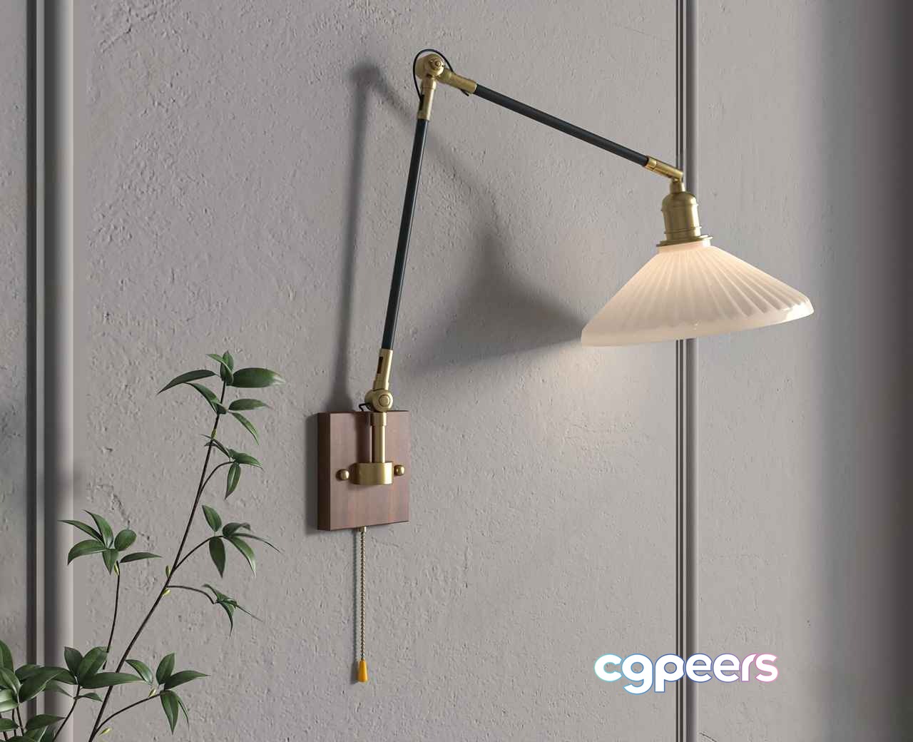 A Wall-Mounted Lamp With A White Shade And Gold Accents 3D Model - 10063 - VRAY Render