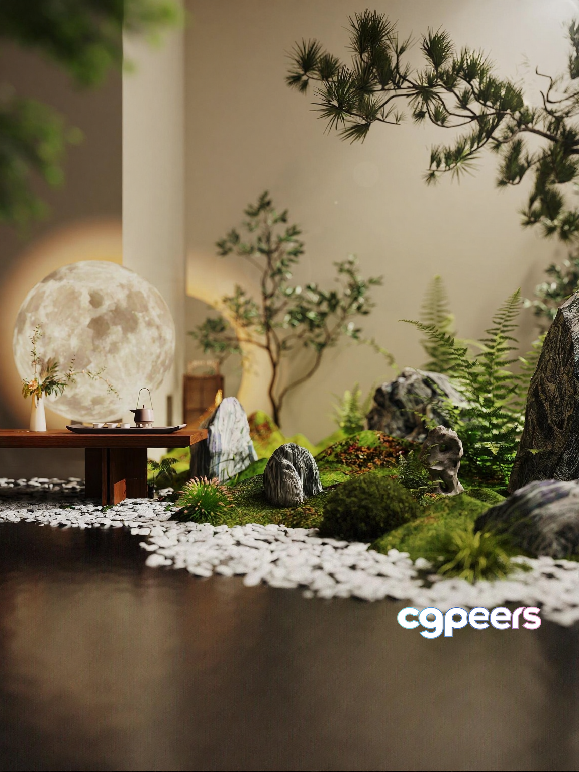 A Serene Indoor Garden With A Large Moon Sculpture 3D Model - 1096 - VRAY Render