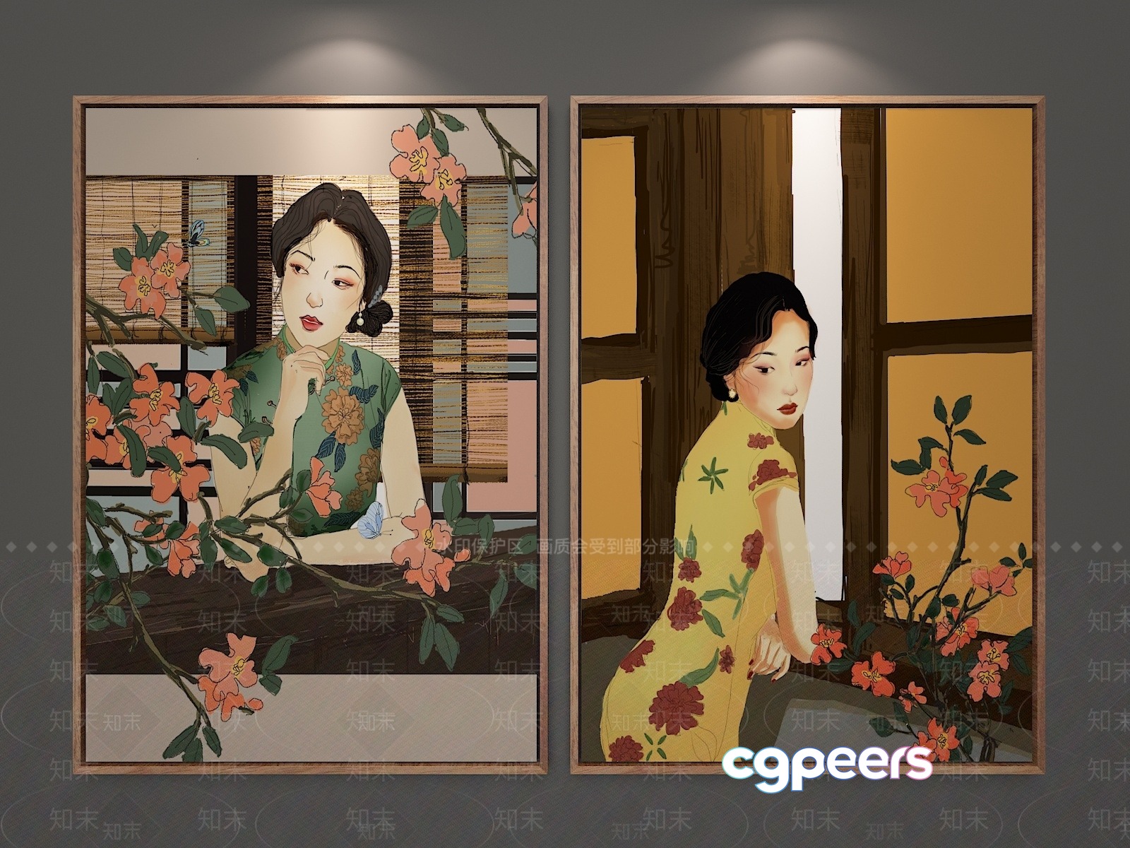 Two Paintings Of Women In Traditional Chinese Attire 3D Model - 23240 - VRAY Render