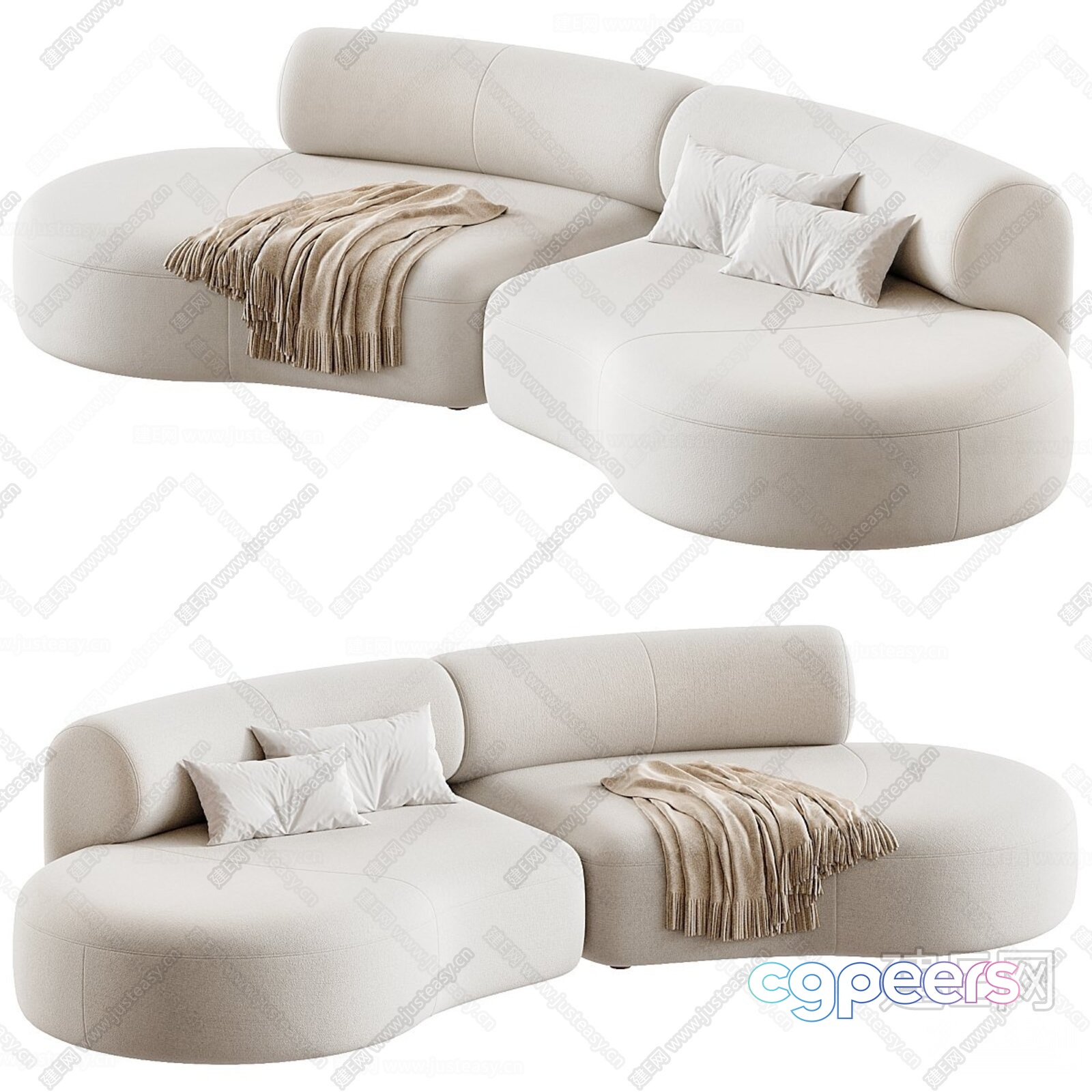 A White Couch With Pillows And A Throw Blanket 3D Model - 15844 - CORONA Render