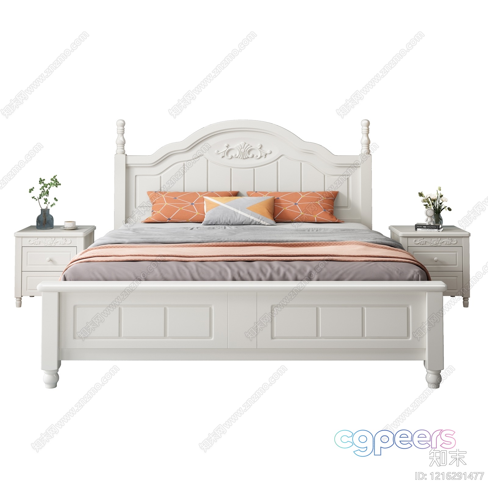 A White Bed With A Carved Headboard 3D Model - 18318 - VRAY Render