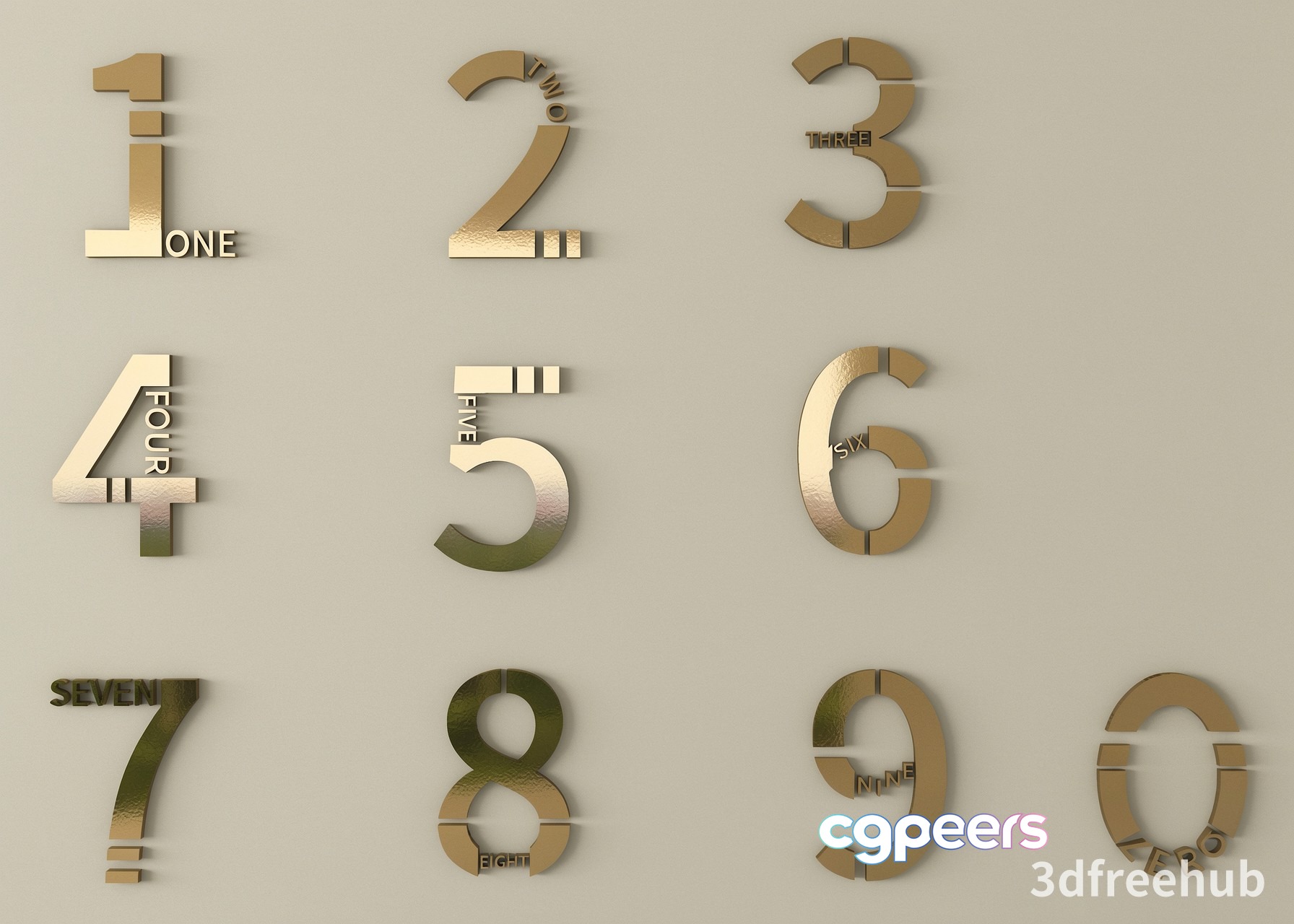 Gold Numbers On A Gray Background 3D Model - 21988 - VRAY Render Gold Numbers On A Gray Background 3D Model - 21988 - VRAY Render