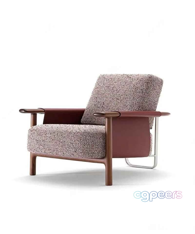 Wooden Armchair With Brown Upholstery 3D Model - 1976 - VRAY Render