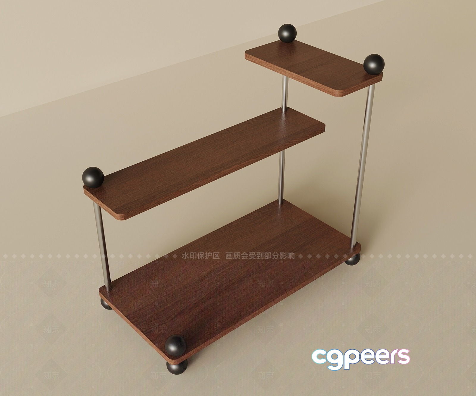 A Three-Tiered Shelf With Dark Wood And Metal Accents 3D Model - 10927 - VRAY Render A Three-Tiered Shelf With Dark Wood And Metal Accents 3D Model - 10927 - VRAY Render