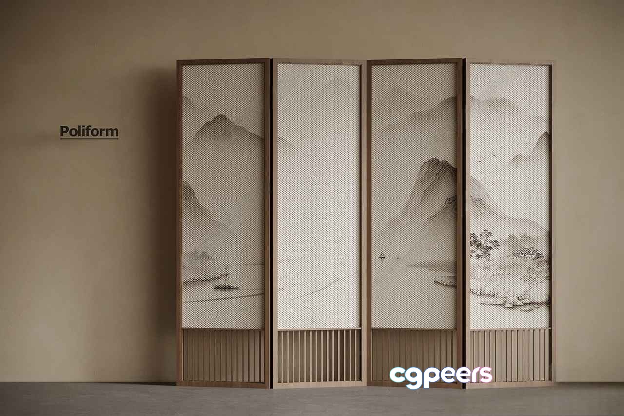 A Four-Panel Room Divider 3D Model - 12971 - VRAY Render