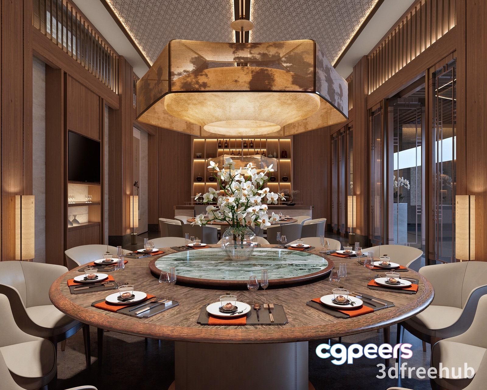 A Dining Room With A Large Table 3D Model - 19148 - VRAY Render