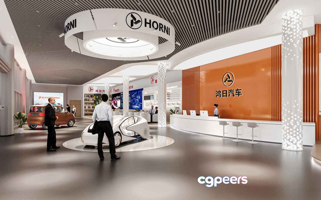 A Car Showroom With A White And Orange Color Scheme 3D Model - 306 - VRAY Render
