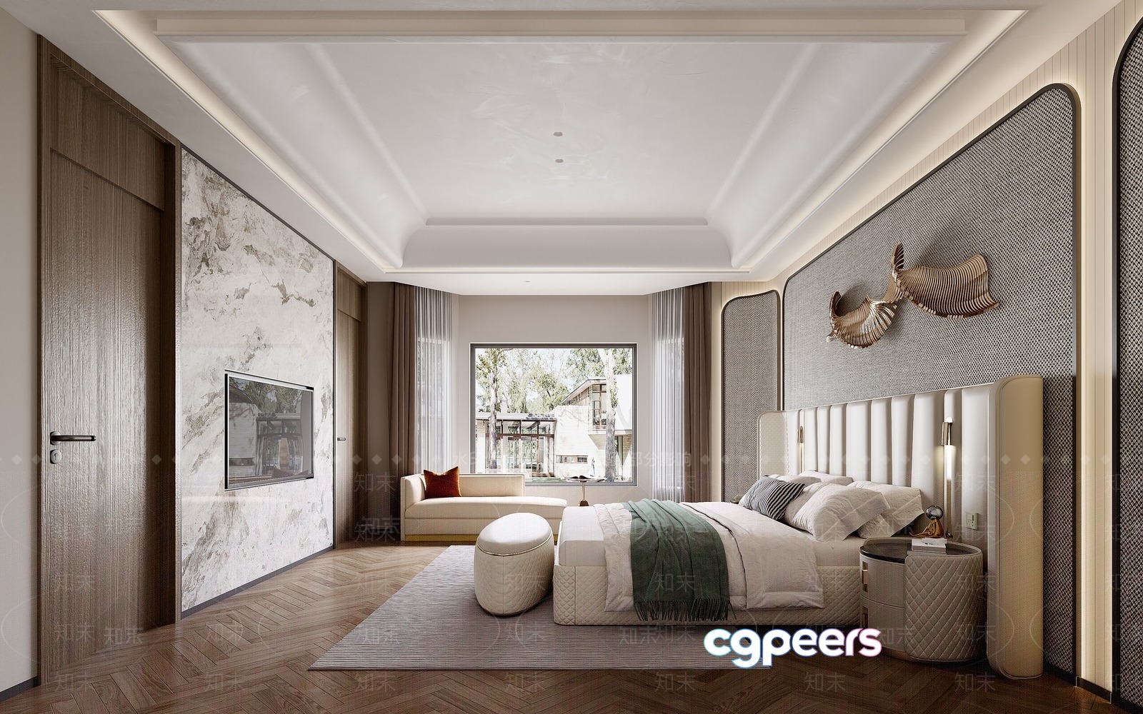 A Modern Bedroom With A Large Bed 3D Model - 10377 - VRAY Render A Modern Bedroom With A Large Bed 3D Model - 10377 - VRAY Render