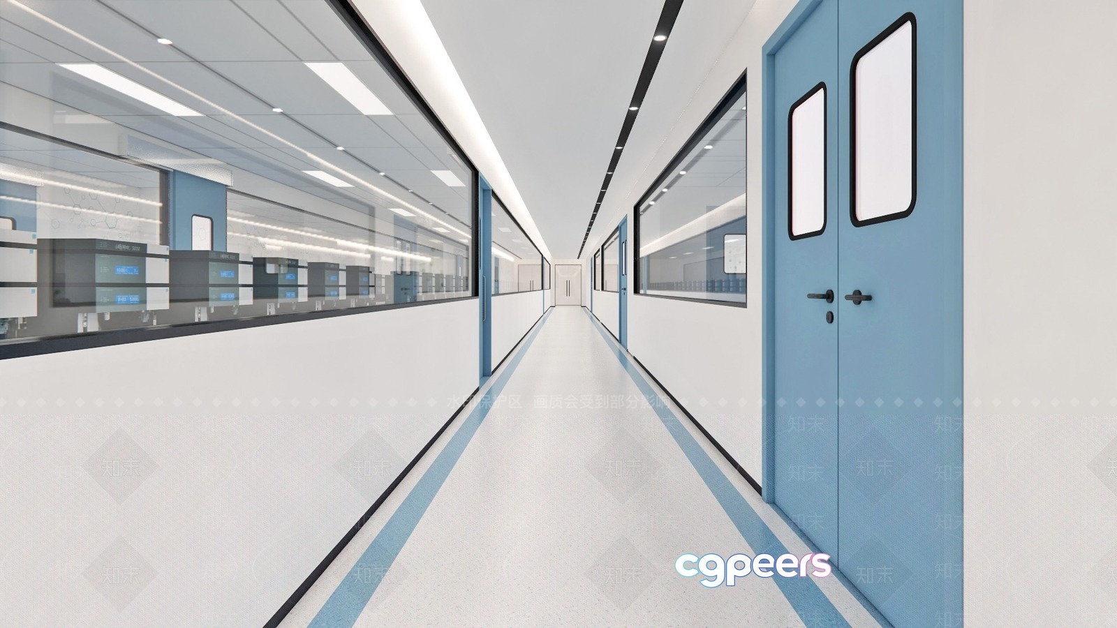 A Long White Hallway With Blue Doors 3D Model - 16817 - VRAY Render