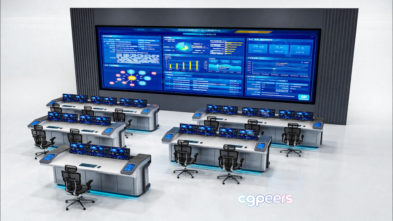 A Futuristic Control Room With Multiple Computer Workstations And A Large Screen Displaying Various 3D Model - 7259 - VRAY Render A Futuristic Control Room With Multiple Computer Workstations And A Large Screen Displaying Various 3D Model - 7259 - VRAY Render