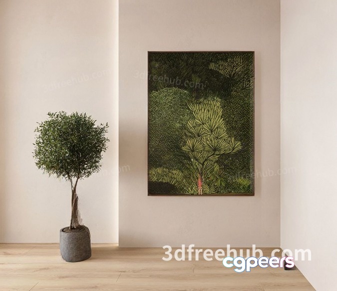 A Framed Painting Of A Tree In A Room With A Plant 3D Model - 18835 - VRAY Render