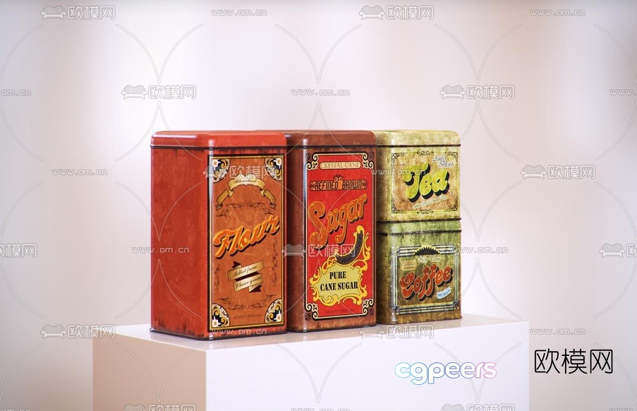 Three Vintage-Style Tins On A White Pedestal 3D Model - 11801 - VRAY Render