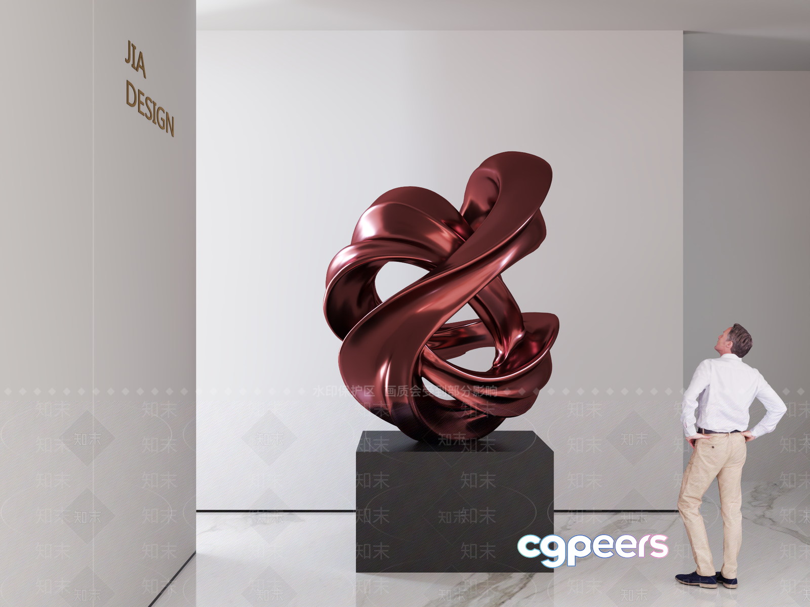 A Man Looking At A Large Shiny Brown Sculpture 3D Model - 18515 - VRAY Render