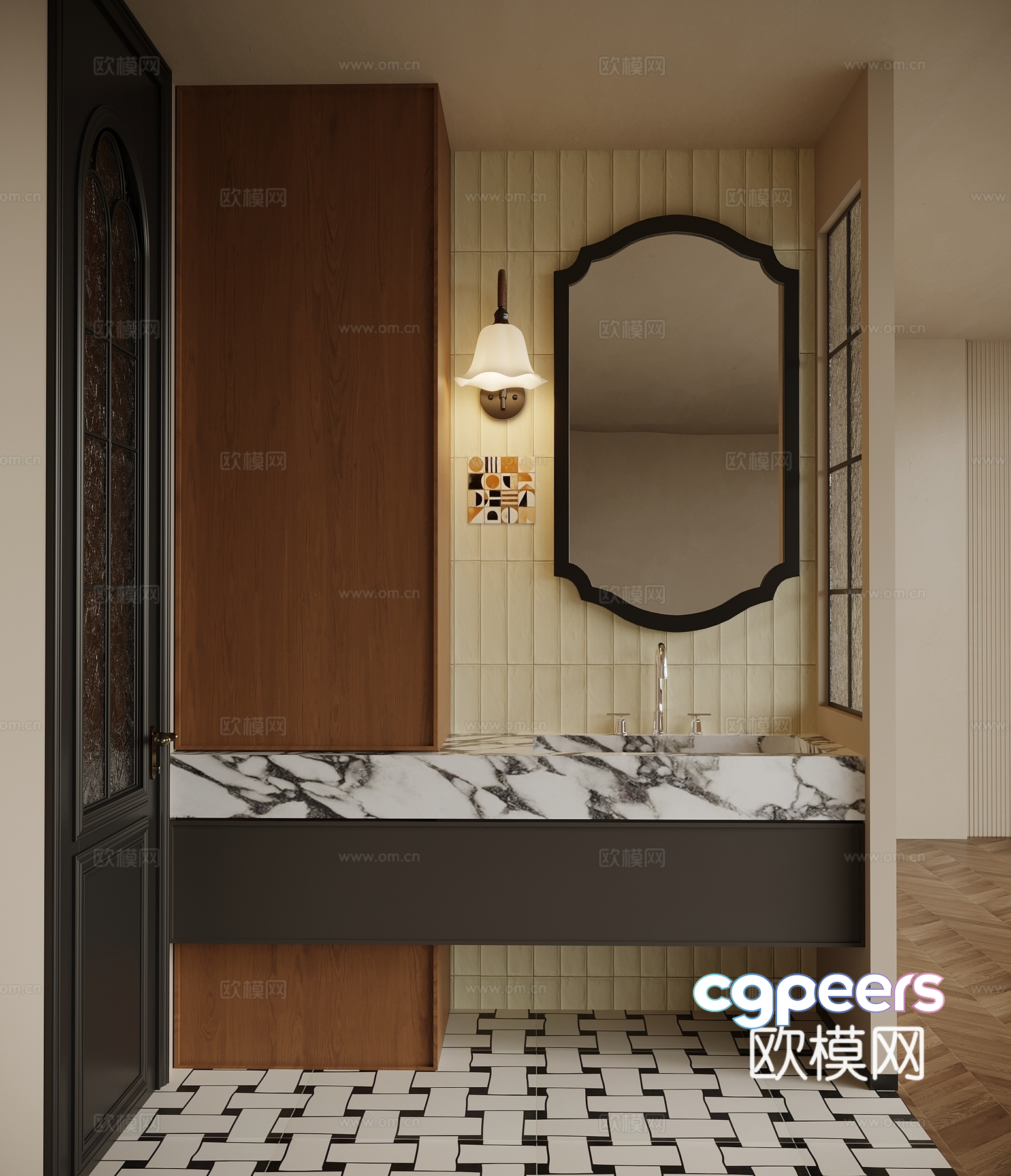 A Bathroom With A Marble Sink And A Large Mirror 3D Model - 857 - VRAY Render