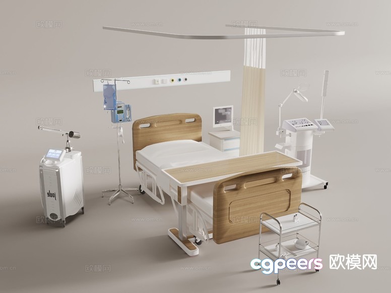 A Hospital Bed With Various Medical Equipment 3D Model - 7315 - VRAY Render