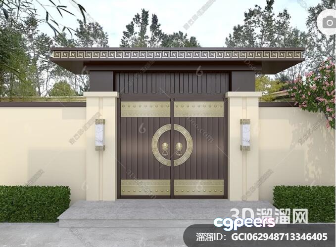 A Large Brown Gate With Gold Accents 3D Model - 2196 - VRAY Render