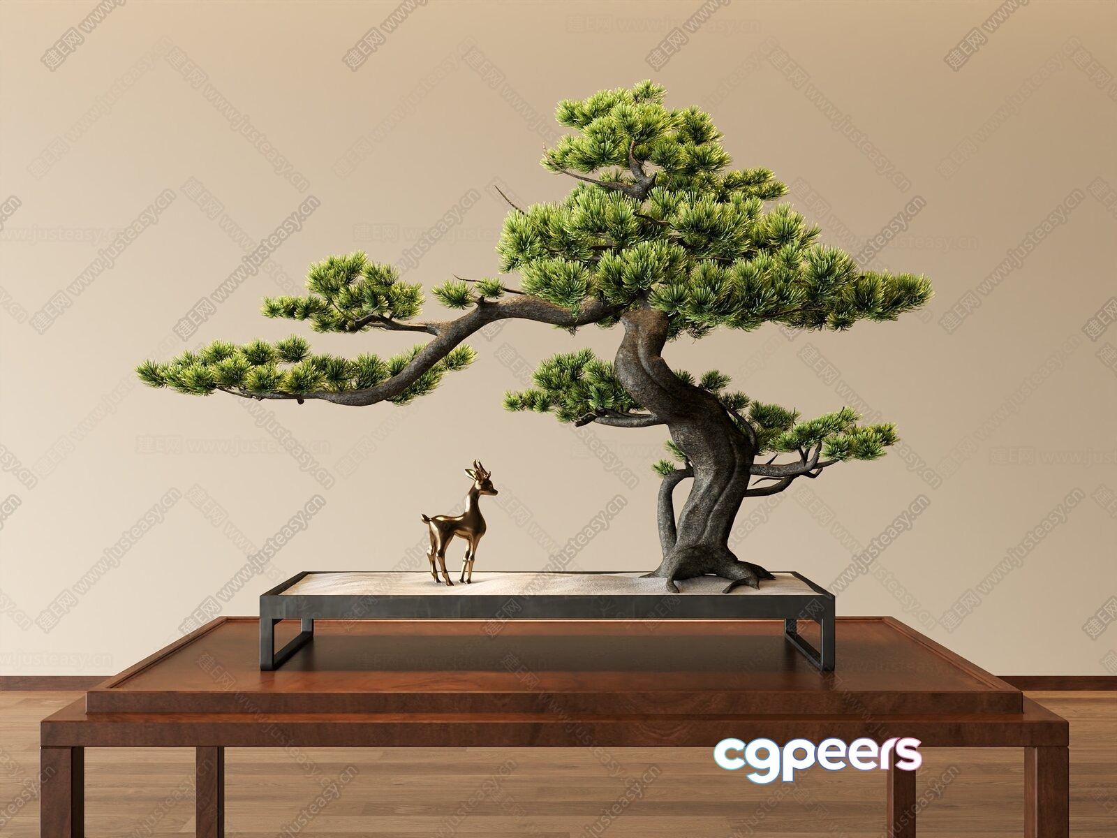A Table With A Bonsai Tree And A Deer Figurine 3D Model - 22312 - CORONA Render